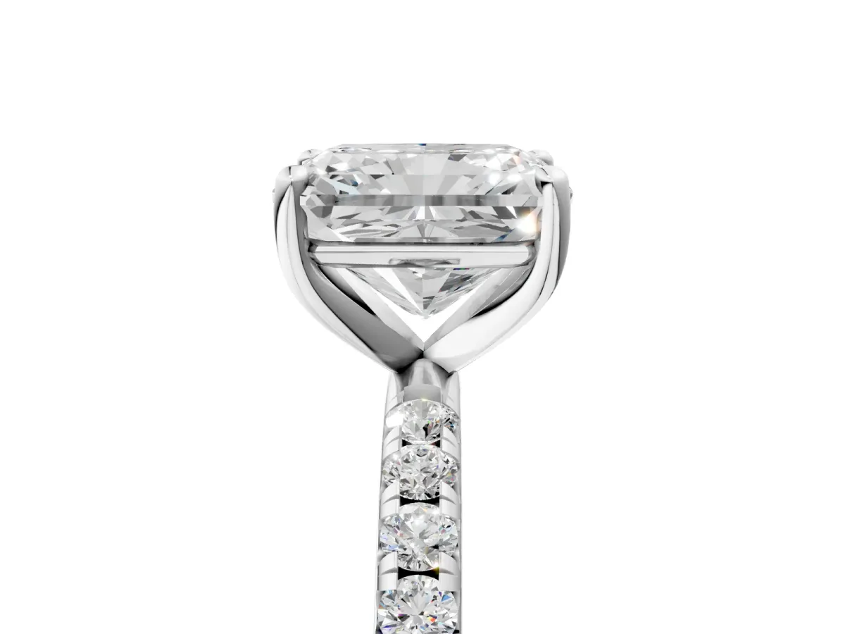 Radiant Cut Cut Diamond Solitaire Ring with Micro Pave Band and Four Prong Setting Platinum