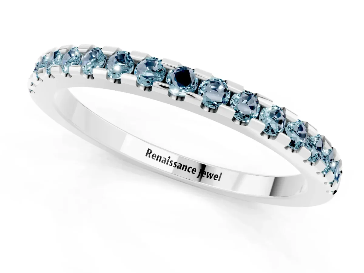 Round Aquamarine Pavé Set Eternity Band with Micro Prong Setting White gold