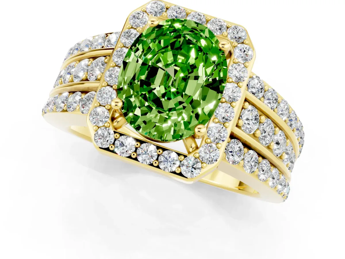 Oval Cut Halo Peridot Ring with Round Split Shank and Prong Setting Yellow gold