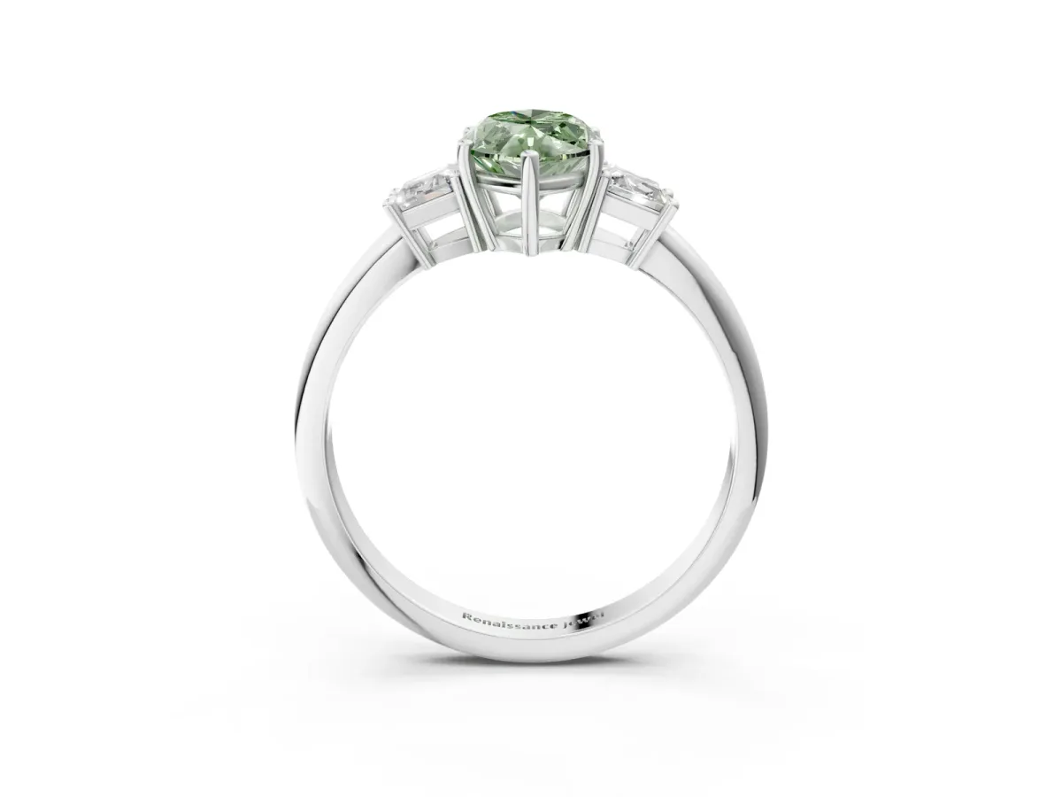 Fancy Green Marquise Cut Diamond Three-Stone Ring with Trapezoid Side Stones and Prong Setting Silver