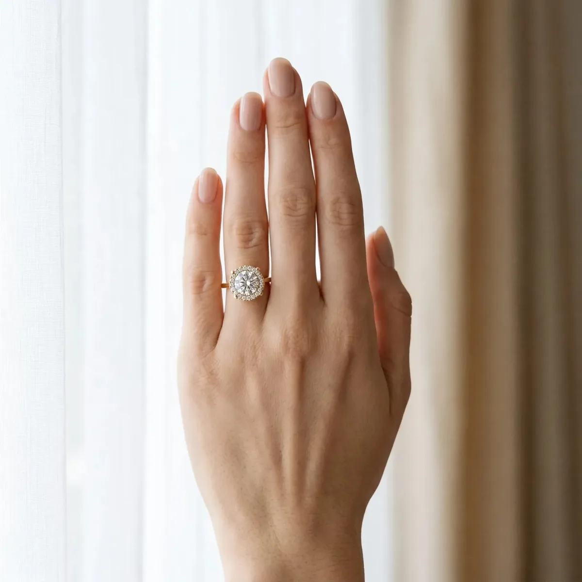 Round Cut Diamond Cluster Halo Solitaire with Four-Prong Setting Yellow gold