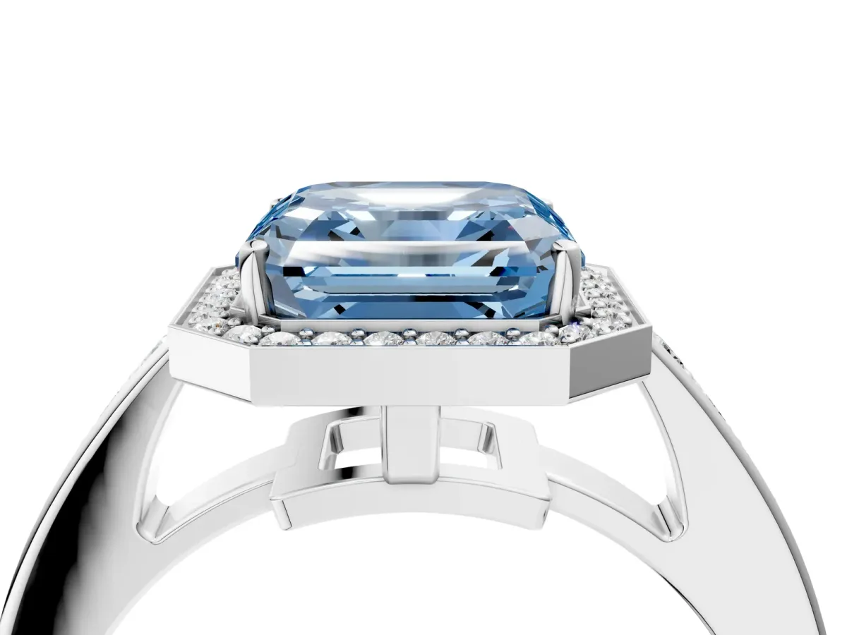 Fancy Blue Asscher Cut Halo Pavé Diamond Engagement Ring with Bezel Setting Silver