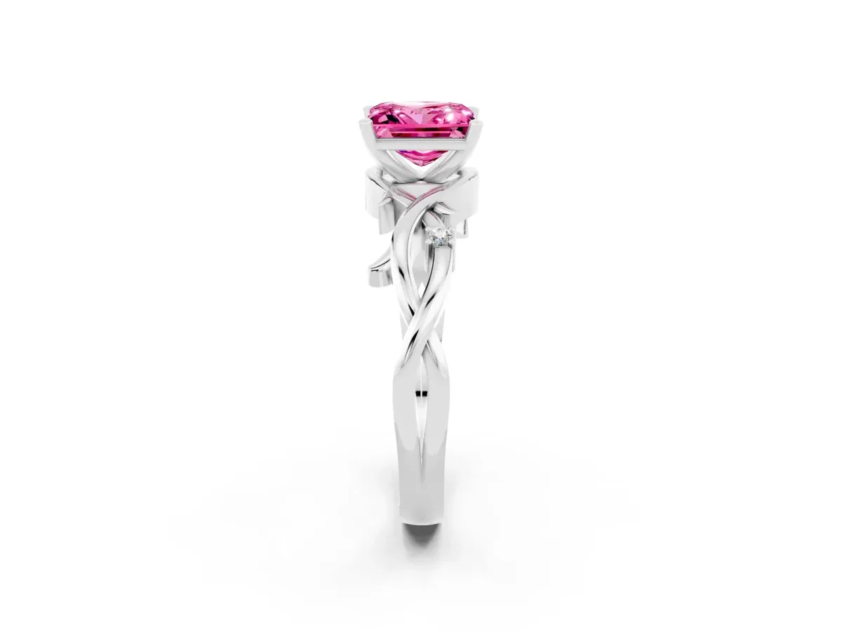Princess Cut Pink Sapphire Solitaire Ring with Twisted Band and Prong Setting Silver