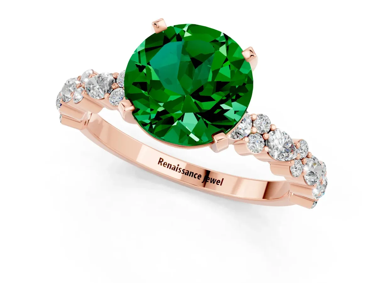 Round Cut Emerald Side Stone Solitaire Ring with Round and Four-Prong Setting Rose gold
