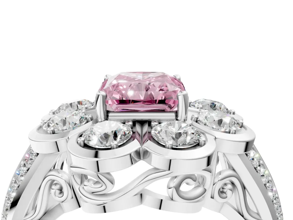 Fancy Pink Radiant Cut Brilliant Flower Halo Diamond Split Shank Ring Platinum