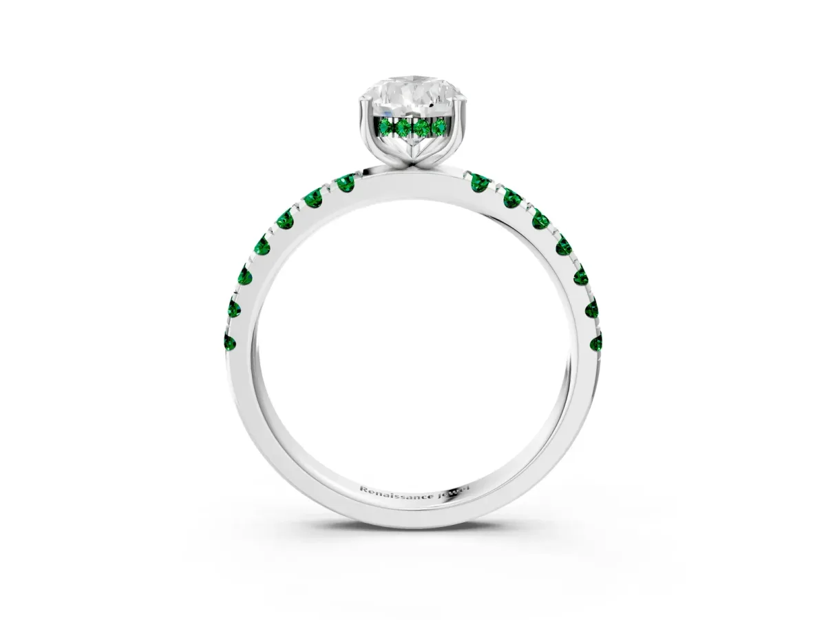 Pear Cut Diamond Pave Band Solitaire Ring with Round Emerald and Prong Setting White gold
