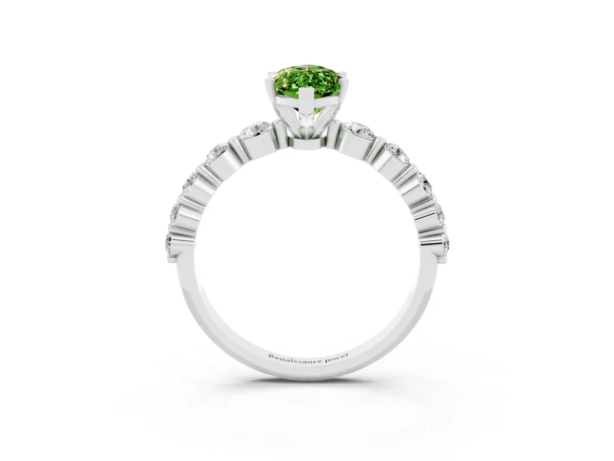 Marquise Cut Solitaire Peridot Ring with Pave Band and Four-Prong Setting Silver