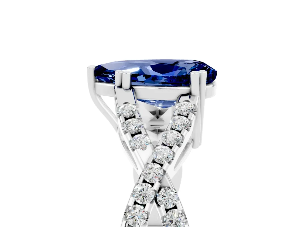 Pear Cut Blue Sapphire Solitaire Ring with Four-Prong Setting and Twisted Pavé Band Platinum