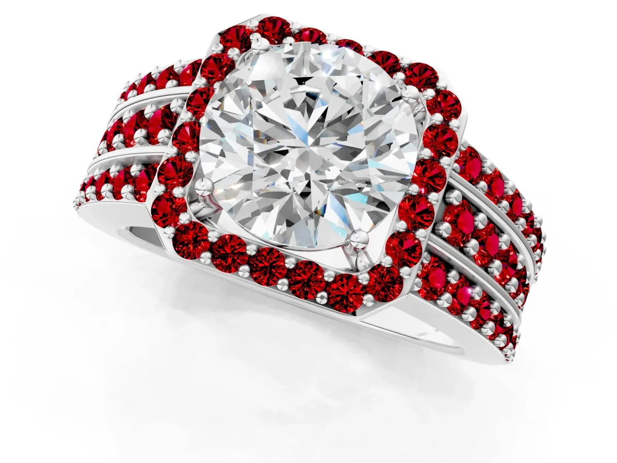 Round Cut Halo Diamond Ring with Round Ruby Split Shank and Prong Setting Silver