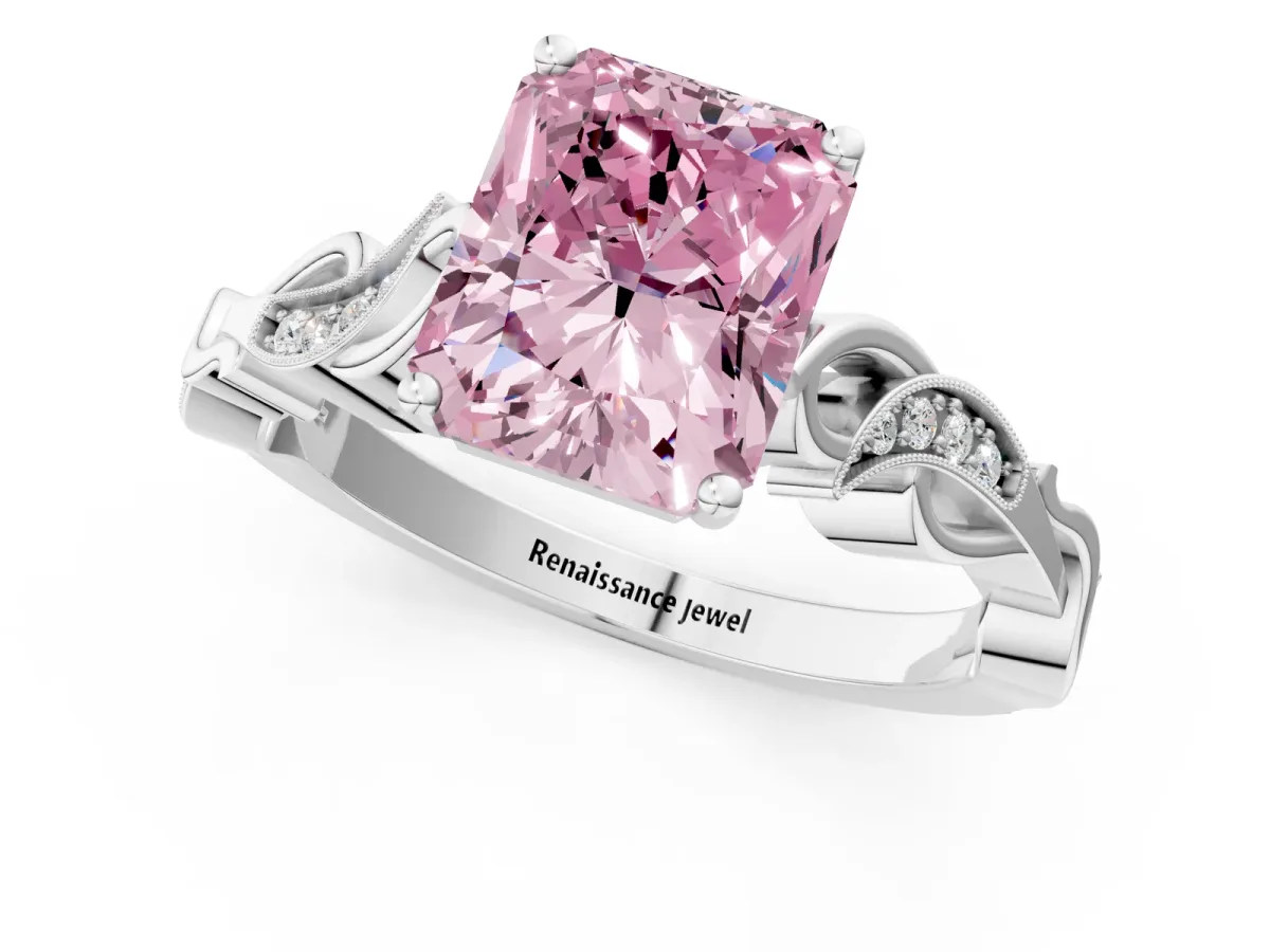 Fancy Pink Radiant Cut Solitaire Vine Band with Milgrain Prong Setting Platinum