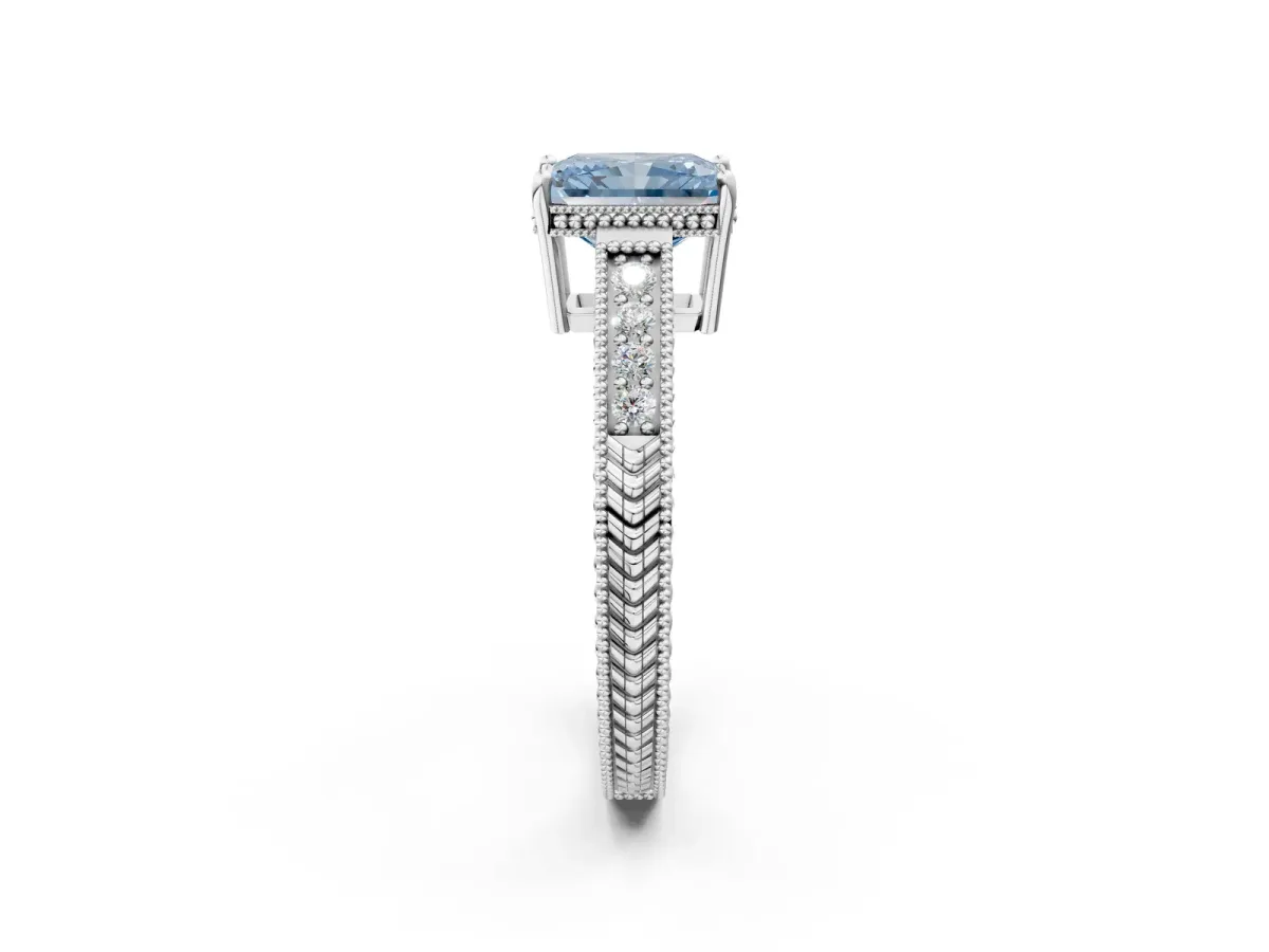 Fancy Blue Radiant Cut Cut Diamond Milgrain Pave Band Four-Prong Setting Ring Platinum