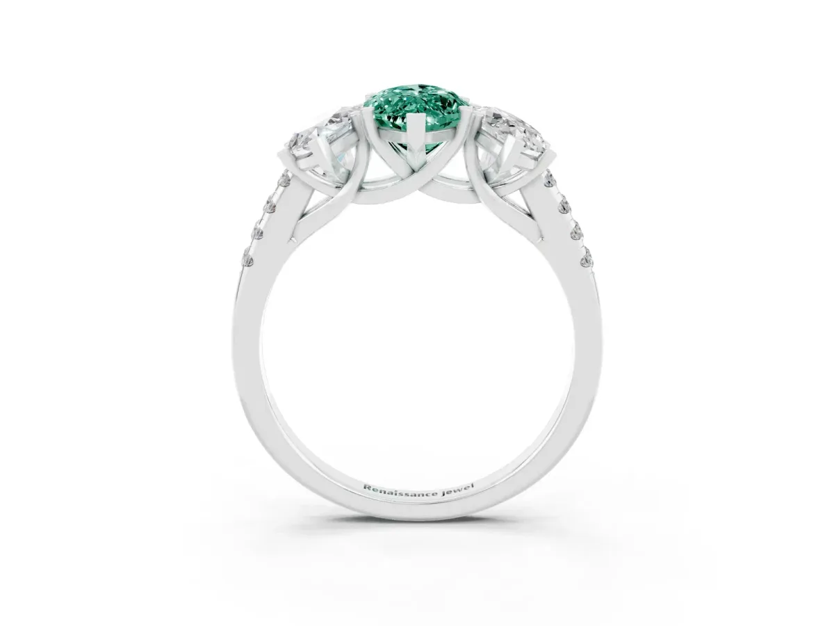 Three-Stone Marquise Cut Green Sapphire Ring with Round Pavé Band and Prong Setting Silver