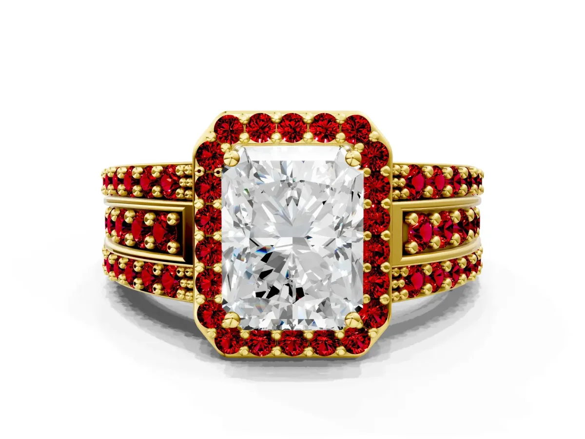 Radiant Cut Halo Diamond Ring with Round Ruby Split Shank and Prong Setting Yellow gold
