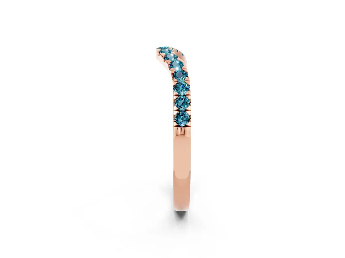Curved Pavé Round Blue Topaz Wedding Band with Shared Prong Setting Rose gold