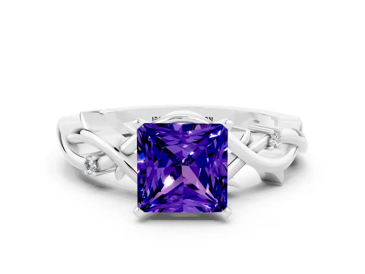 Princess Cut Tanzanite Solitaire Ring with Twisted Band and Prong Setting Platinum