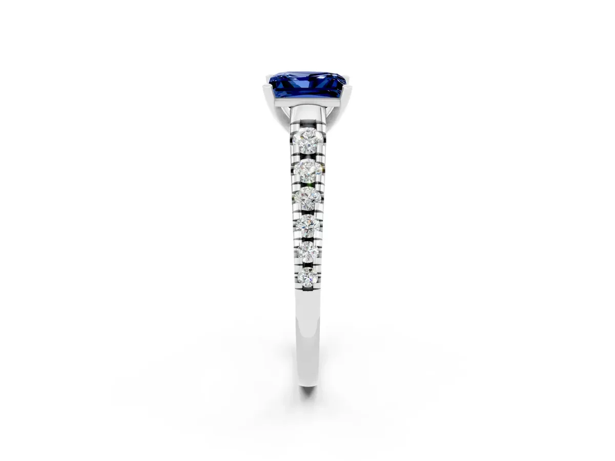 Princess Cut Blue Sapphire Cathedral Solitaire Ring with Round Pavé Band Silver