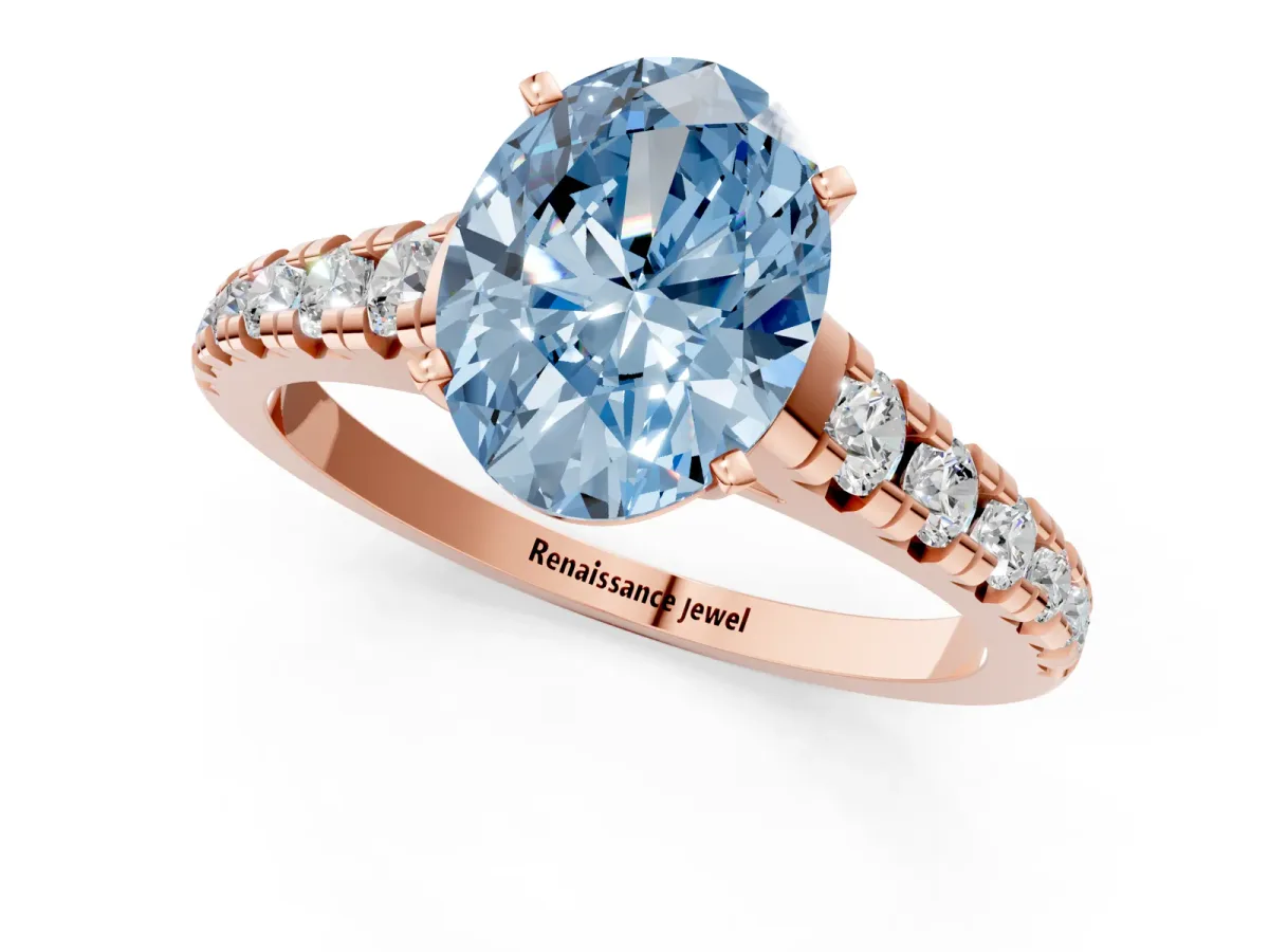 Fancy Blue Oval Cut Diamond Cathedral Solitaire Ring with Round Pavé Band Rose gold