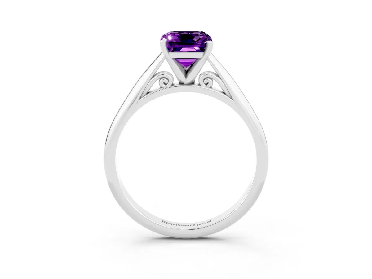 Emerald Cut Amethyst Solitaire Engagement Ring with Cathedral Setting and Four-Prong Mount White gold