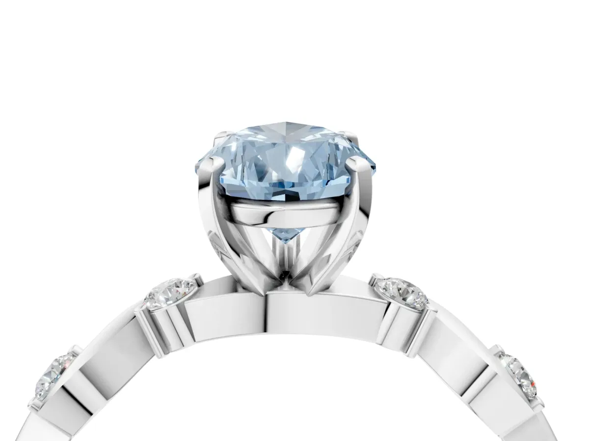 Fancy Blue Pear Cut Diamond Solitaire Twisted Band with Round Accents and Prong Setting Silver