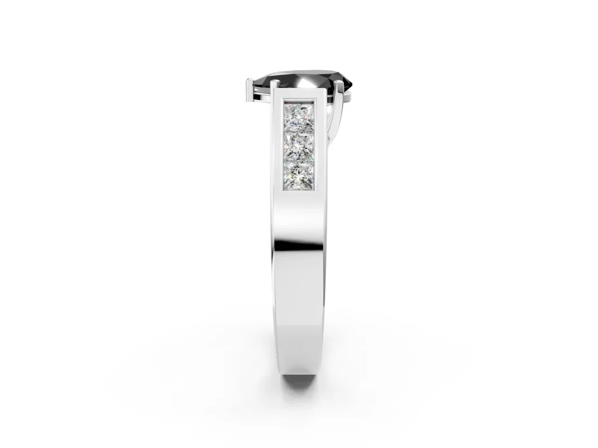 Fancy Black Pear Cut Cut Channel Set Solitaire Ring with Four-Prong Setting Platinum