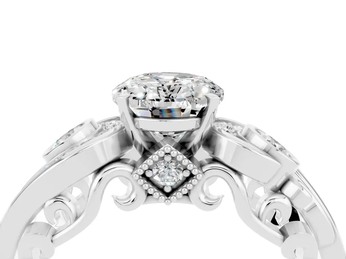 Oval Cut Moissanite Solitaire Ring with Milgrain Pavé Band and Four-Prong Setting Silver