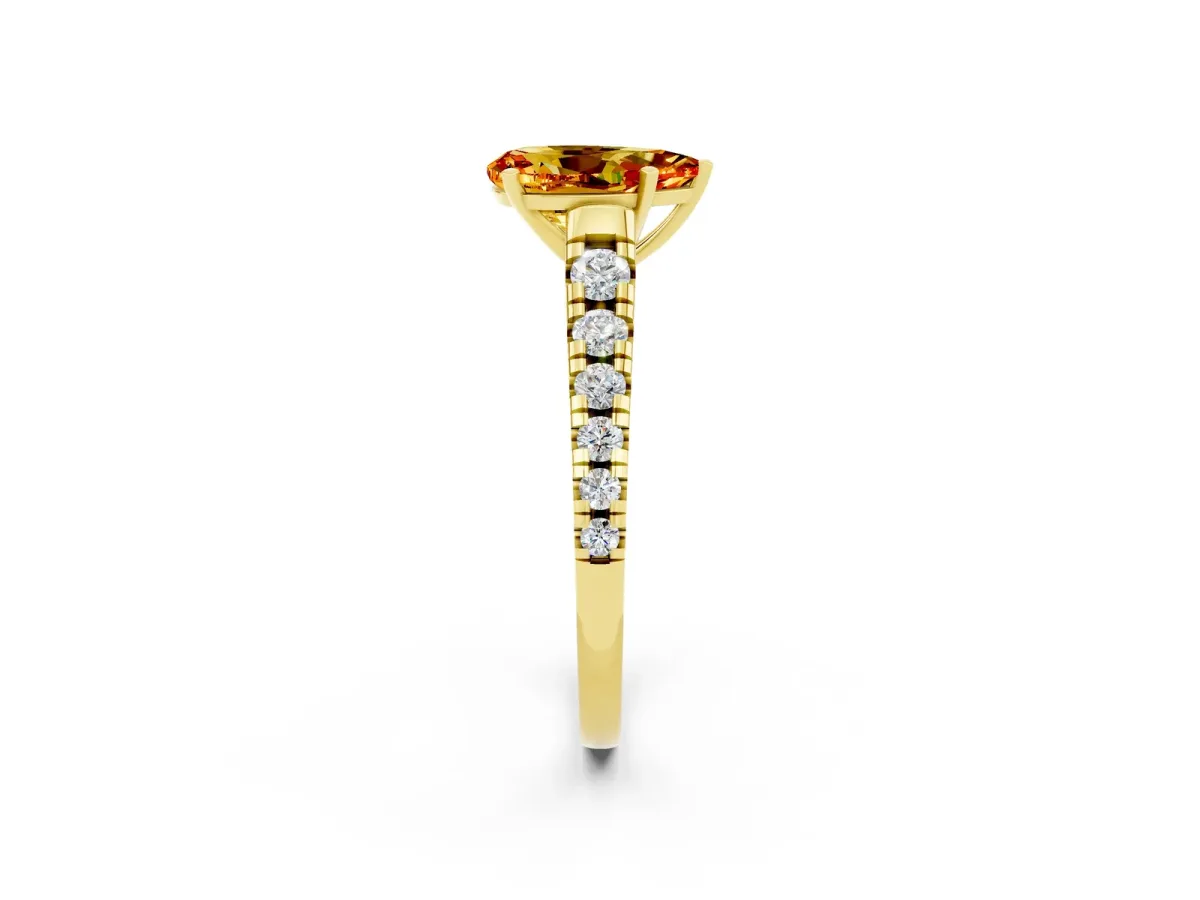 Pear Cut Citrine Cathedral Solitaire Ring with Round Pavé Band Yellow gold
