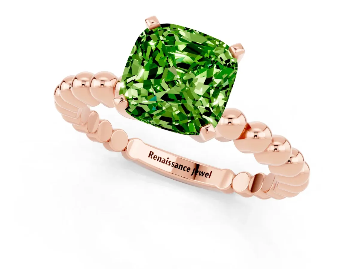 Cushion Cut Peridot Solitaire Ring with Beaded Band and Prong Setting Rose gold