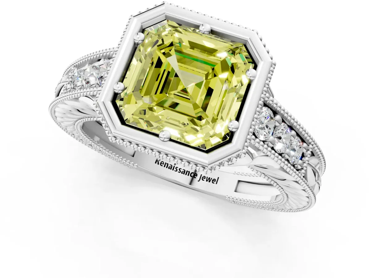 Fancy Yellow Bezel Set Asscher Cut Diamond Milgrain Pave Engagement Ring Platinum