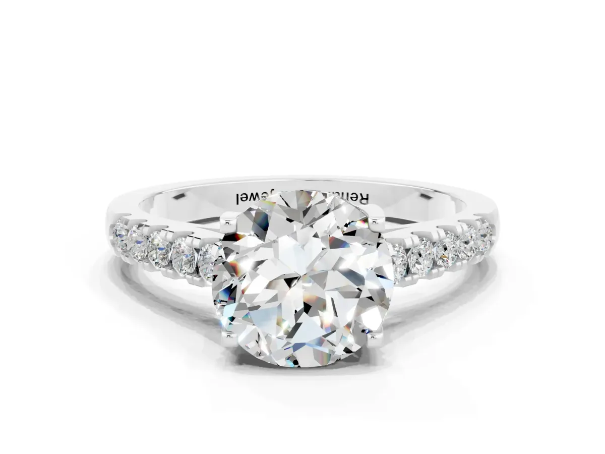 Round Cut Moissanite Pavé Band Solitaire Ring with Prong Setting White gold
