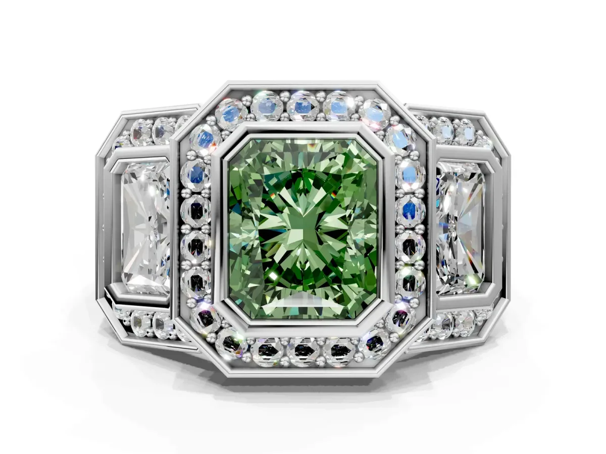 Fancy Green Three-Stone Radiant Cut Halo Pavé Diamond Ring Platinum