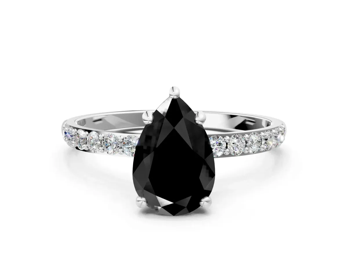 Fancy Black Pear Cut Diamond Solitaire Ring with Round Pavé Band and Prong Setting Silver