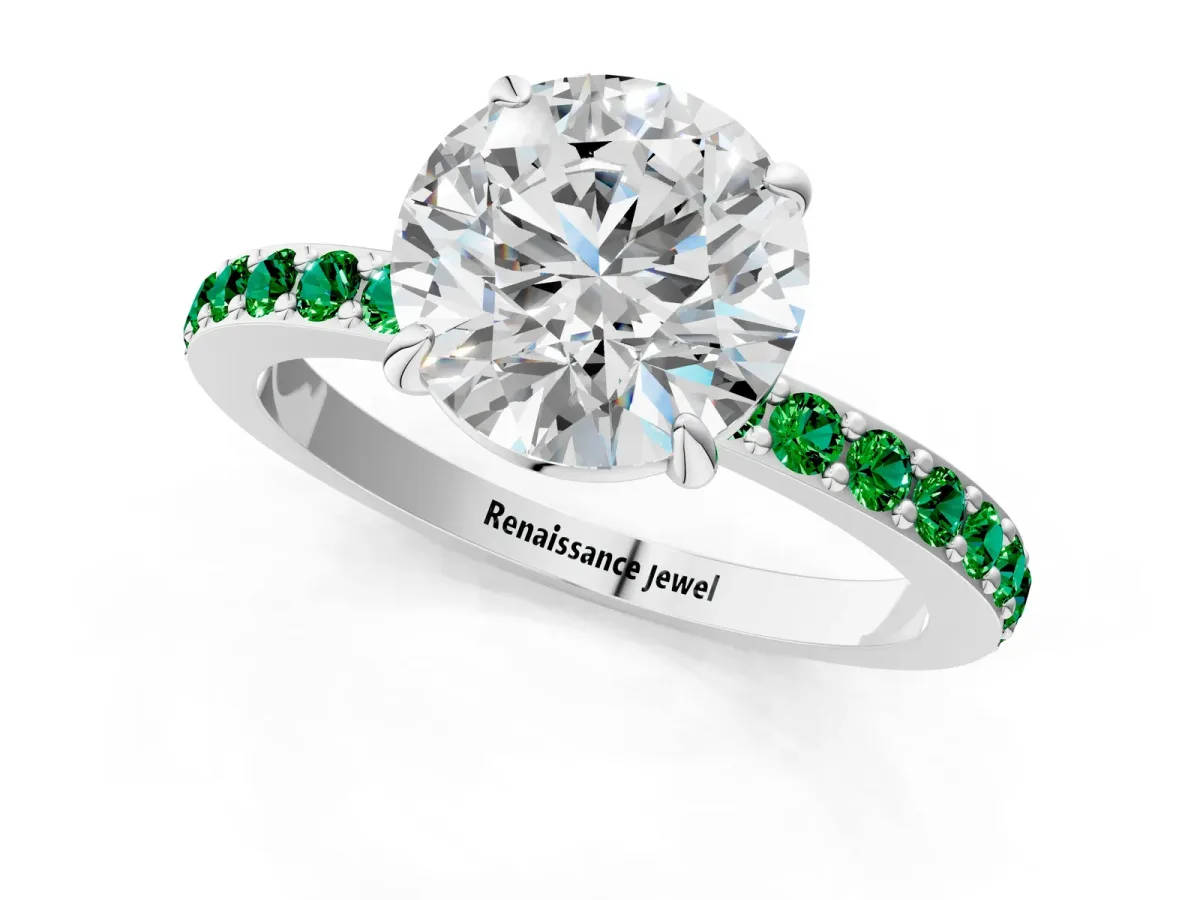 Round Cut Diamond Pavé Engagement Ring with Round Emerald Accents and Prong Setting Silver