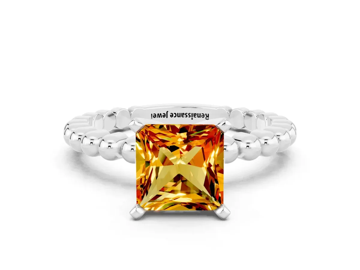 Princess Cut Citrine Solitaire Ring with Beaded Band and Prong Setting Platinum