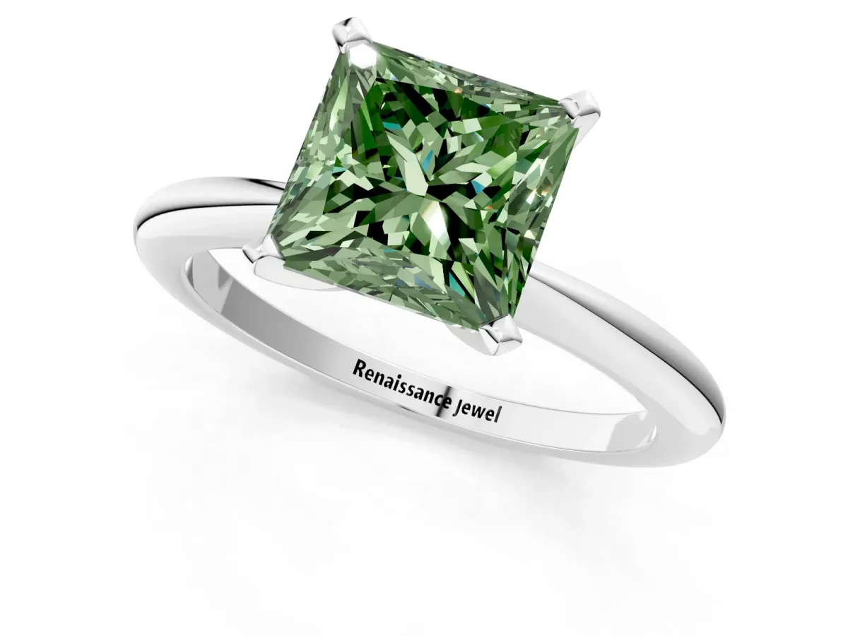Fancy Green Princess Cut Diamond Solitaire Ring with Six-Prong Setting and Classic Band Silver