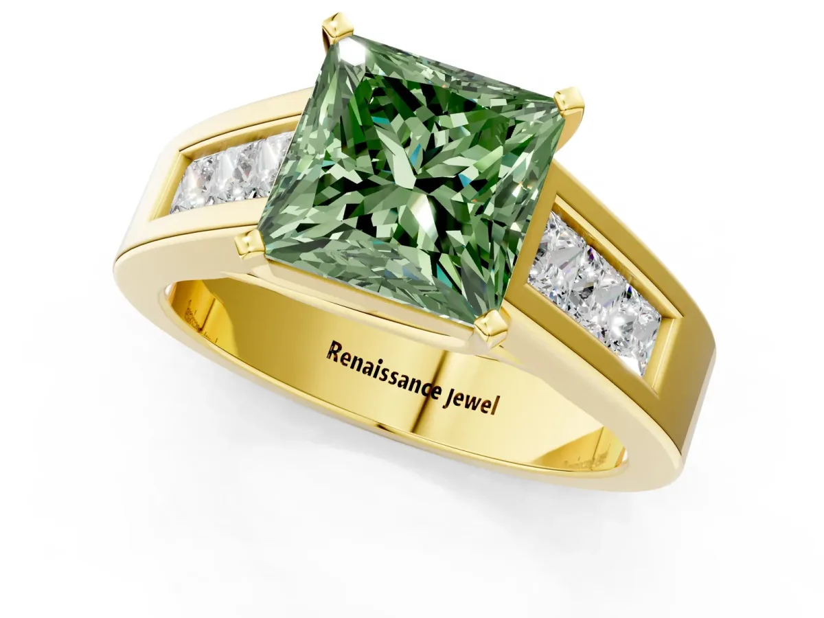 Fancy Green Princess Cut Cut Channel Set Solitaire Ring with Four-Prong Setting Yellow gold
