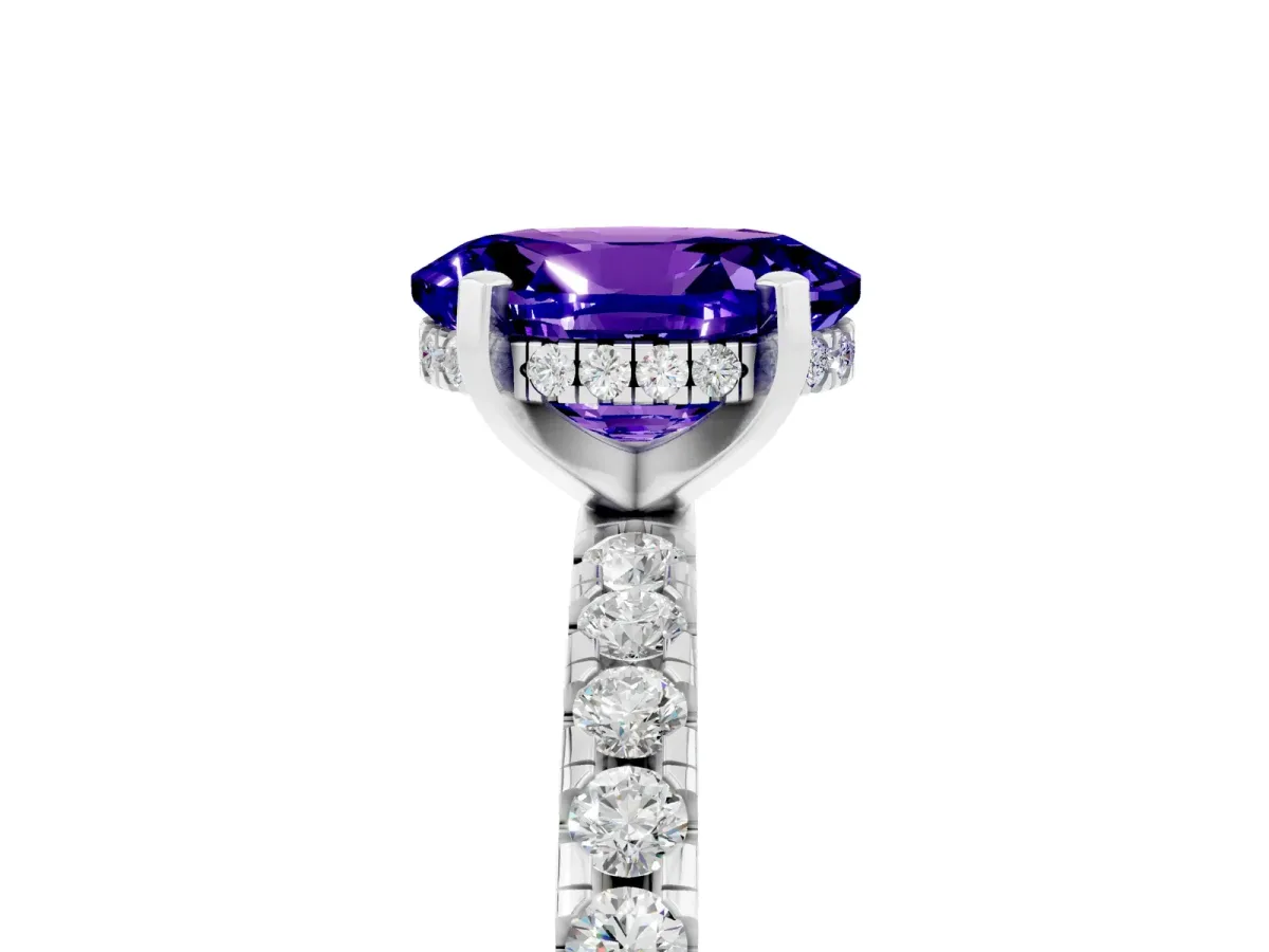 Oval Cut Tanzanite Solitaire Ring with Round Pavé Band and Four-Prong Setting Silver