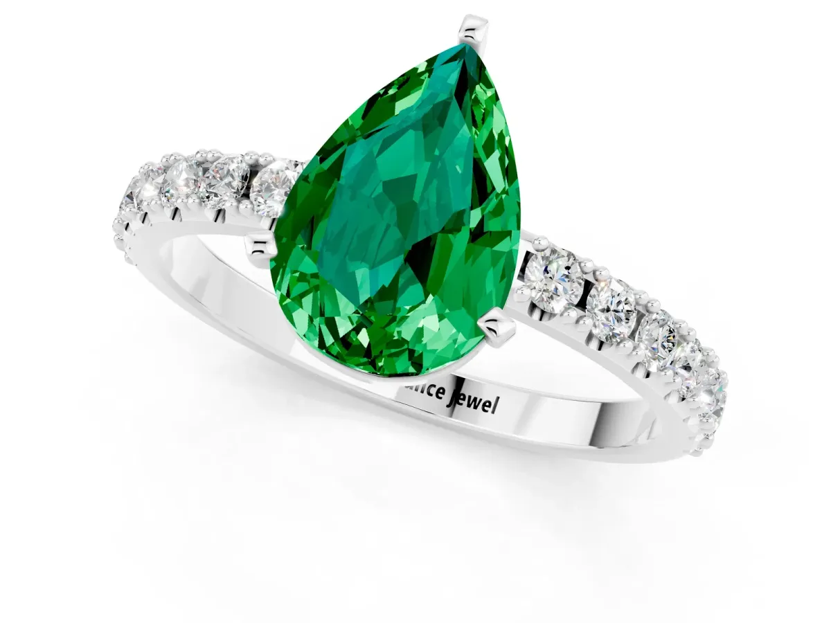 Pear Cut Emerald Solitaire Pavé Band with Four-Prong Setting Silver