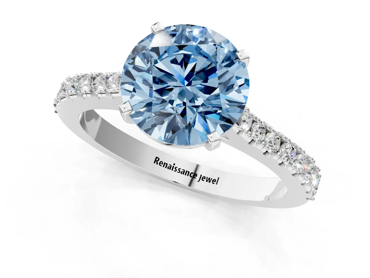 Fancy Blue Asscher Cut Cut Solitaire Diamond Engagement Ring with Pave Band and Four-Prong Setting Silver