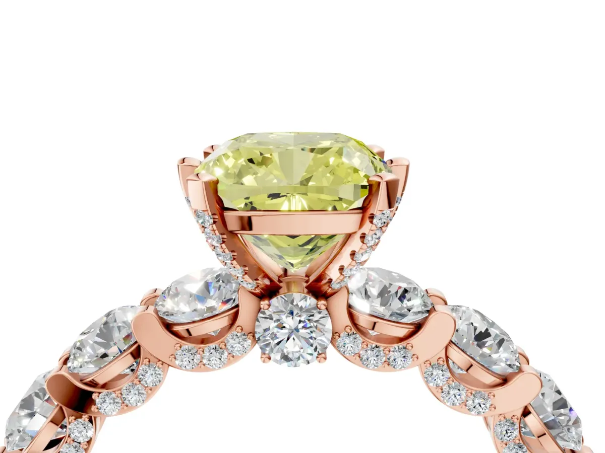 Fancy Yellow Cushion Cut Diamond Side Stone Engagement Ring with Four-Prong Setting Rose gold