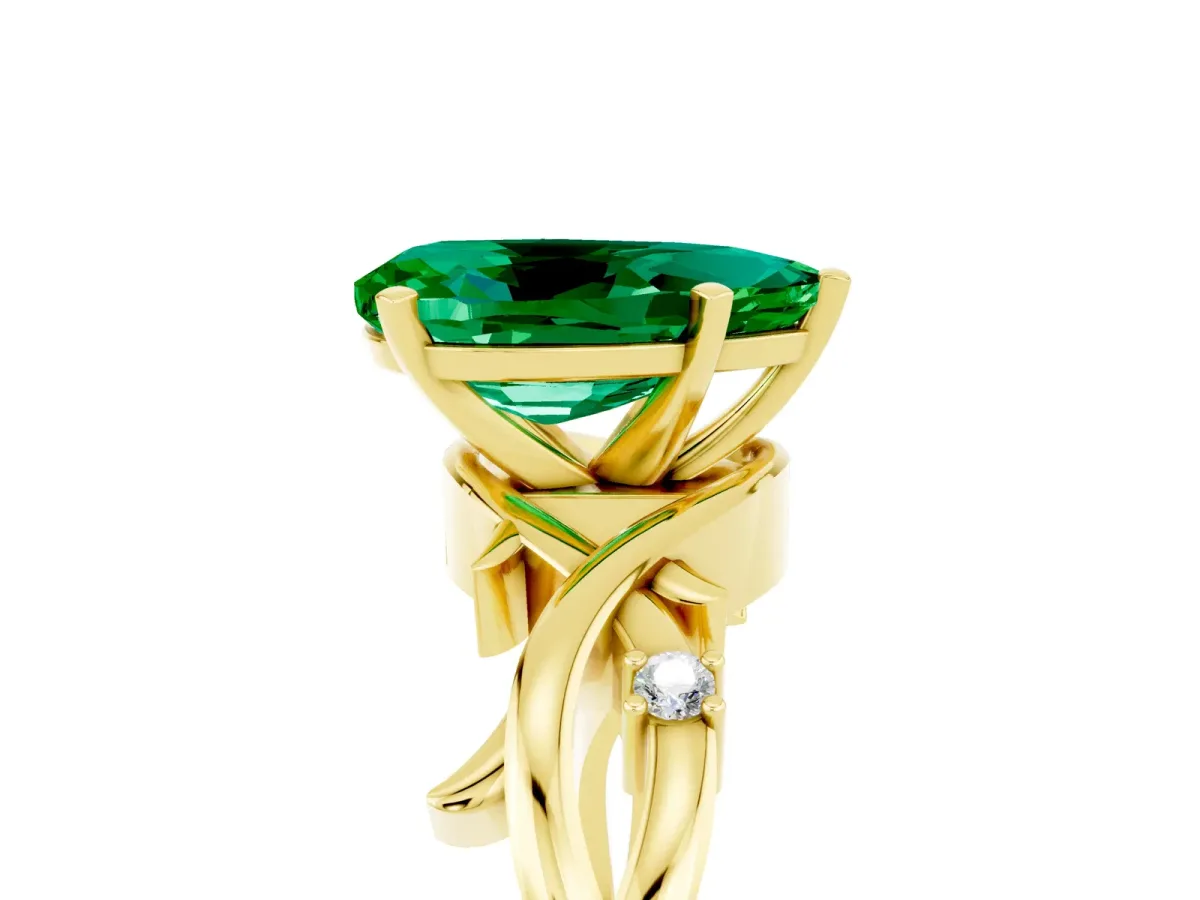 Pear Cut Emerald Solitaire Ring with Twisted Band and Prong Setting Yellow gold