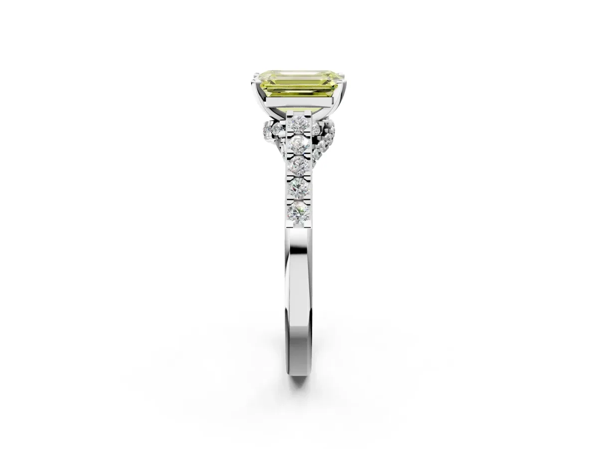 Fancy Yellow Emerald Cut Diamond Solitaire Ring with Crossover Gallery and Round Pavé Band Silver