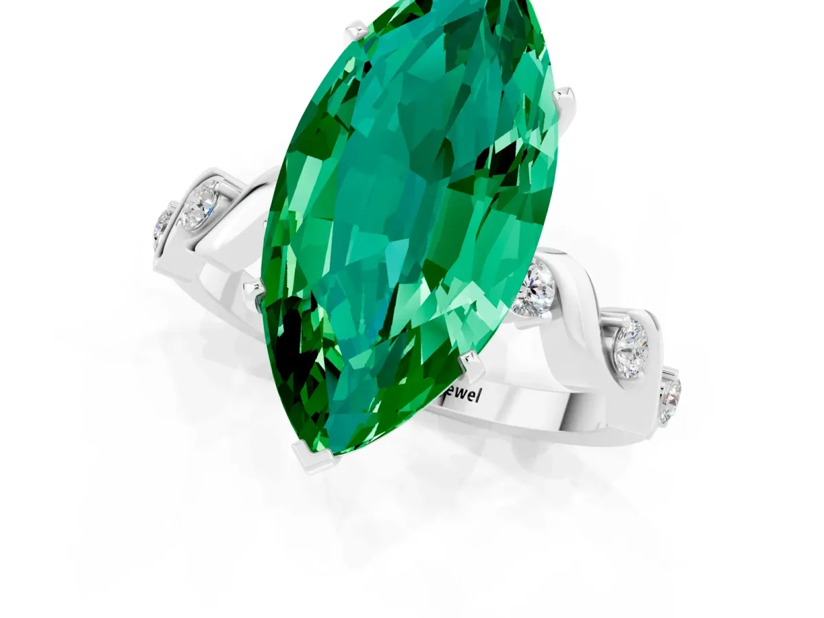 Marquise Cut Emerald Solitaire Twisted Band with Round Accents and Prong Setting Silver