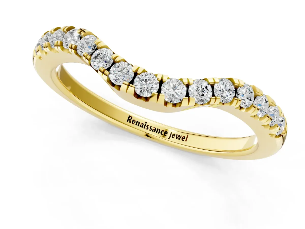 Curved Round Diamond Wedding Band with Pavé Setting and Shared Prong Yellow gold