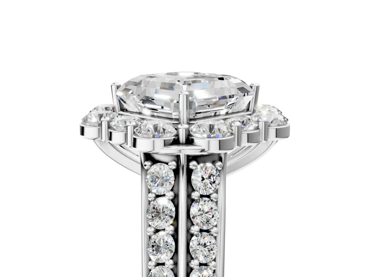 Asscher Cut Halo Diamond Engagement Ring with Split Shank and Prong Setting Platinum