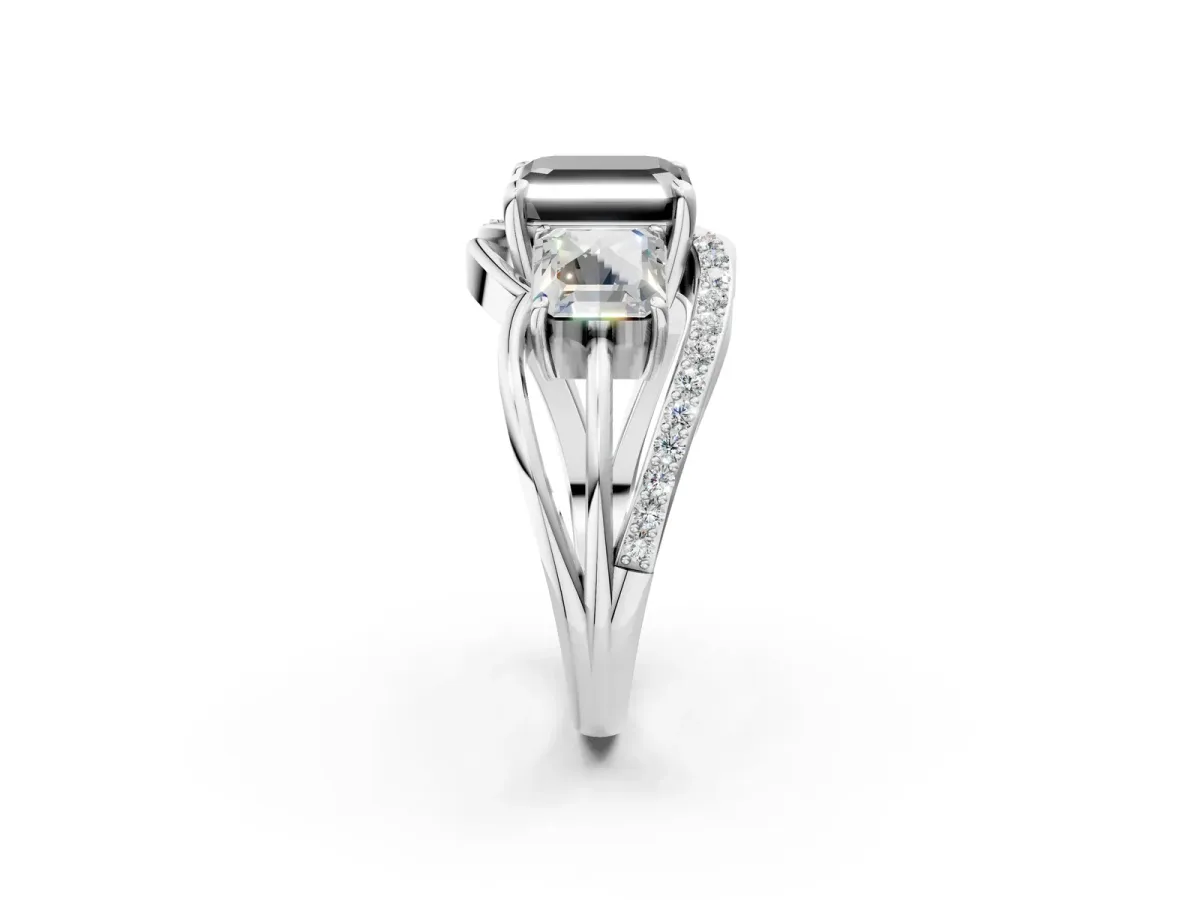 Fancy Black Three-Stone Asscher Cut Cut Diamond Split Shank Prong Set Ring Platinum
