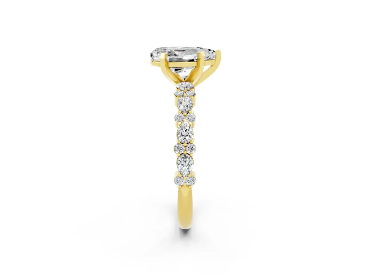 Pear Cut Moissanite Side Stone Solitaire Ring with Round and Four-Prong Setting Yellow gold