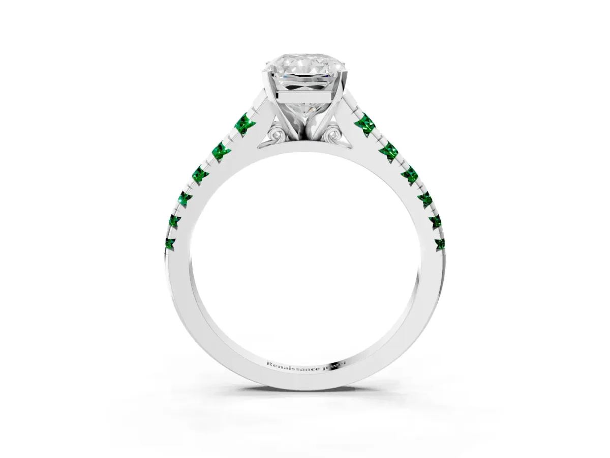 Radiant Cut Diamond Cathedral Solitaire Ring with Round Emerald Pavé Band Silver