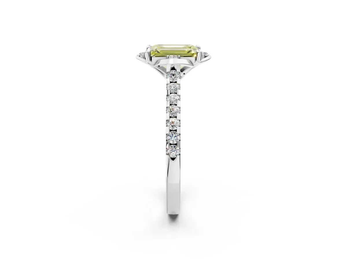 Fancy Yellow Emerald Cut Diamond Ring with Pavé Band and Floral Prong Setting Platinum