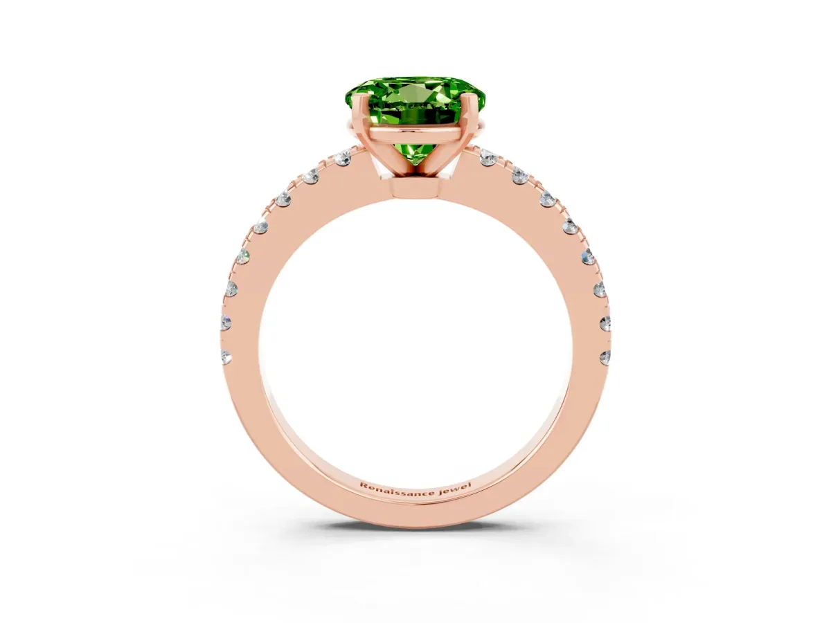 Round Cut Solitaire Peridot with Pavé Band and Four-Prong Setting Rose gold