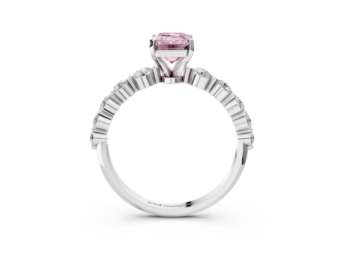 Fancy Pink Emerald Cut Solitaire Diamond Ring with Pave Band and Four-Prong Setting Silver